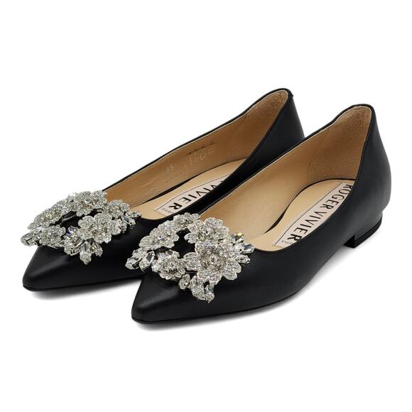 Roger Vivier Flower Strass Leather Ballet Flats in Black - Picture 2 of 9
